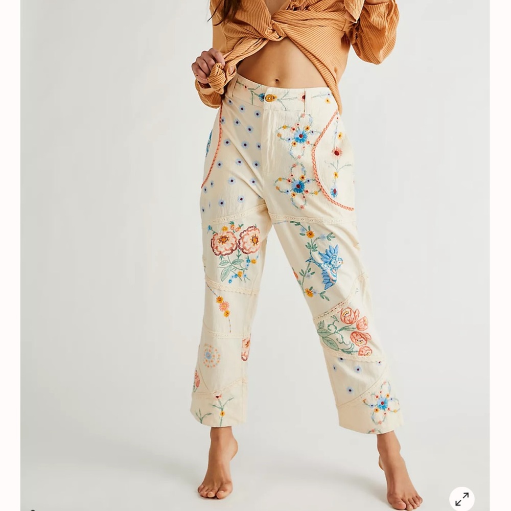 Free People Love Letters Embroidered Cute Flowers Straight leg Pants